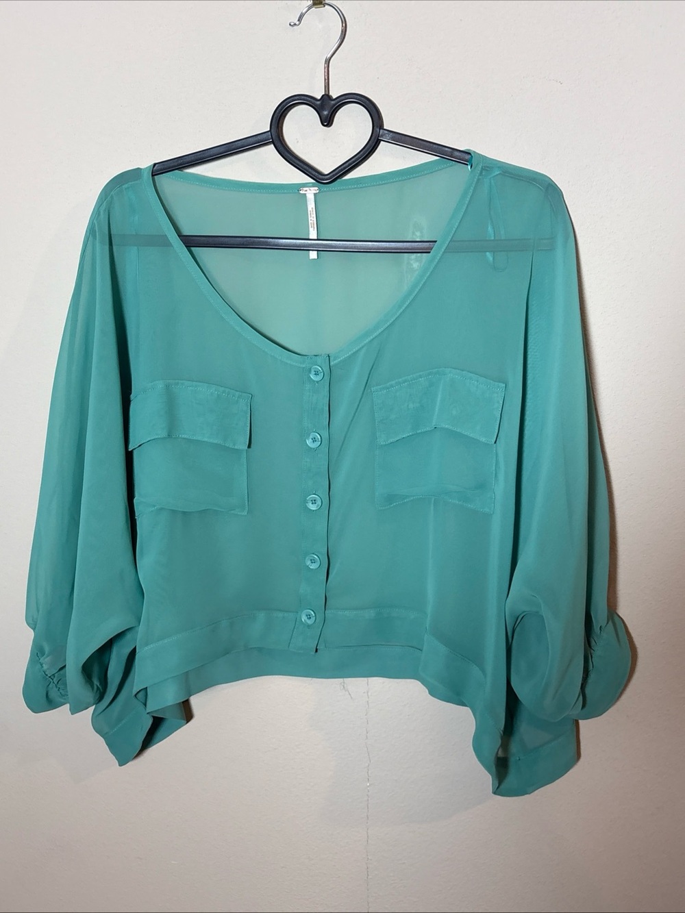 Free People Green Sheer Boho Cropped Blouse Pockets Women’s small S